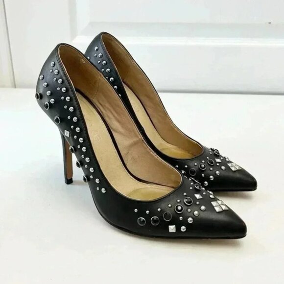 Aldo Black Leather Pumps Pointed Toe High Heel Rhinestone Studded Stilettos 7.5 - Picture 3 of 16